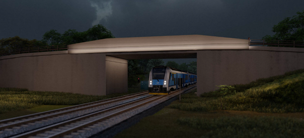 Illustrasjon av ny Oppegård bru med tog kjørende under