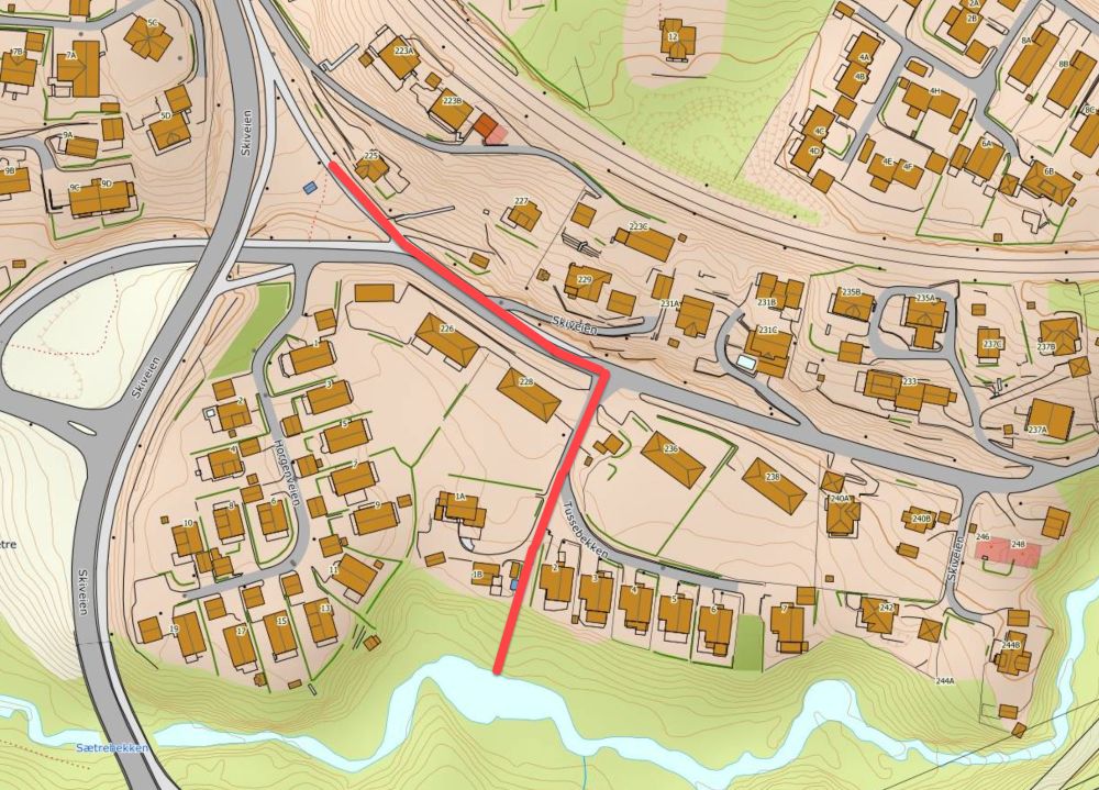 Kartutsnitt av området for hvor avløpsnettet blir rehabilitert i Skiveien og Tussebekken